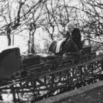 Hans Rudi Giger riding his ghost train in his garden in Oerlikon. Switzerland, 1996.