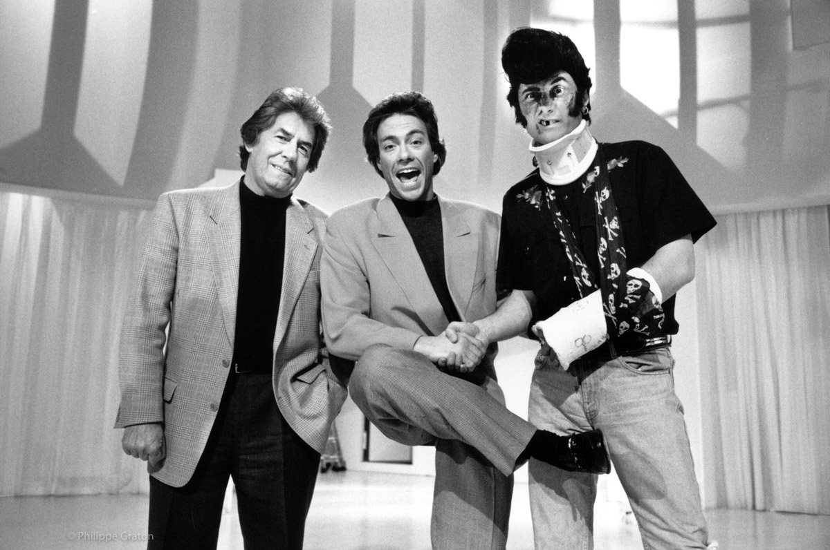 Philippe Gildas, Jean-Claude Van Damme & Antoine de Caunes, Nulle Part Ailleurs, Canal+ Studios, Paris 1993.